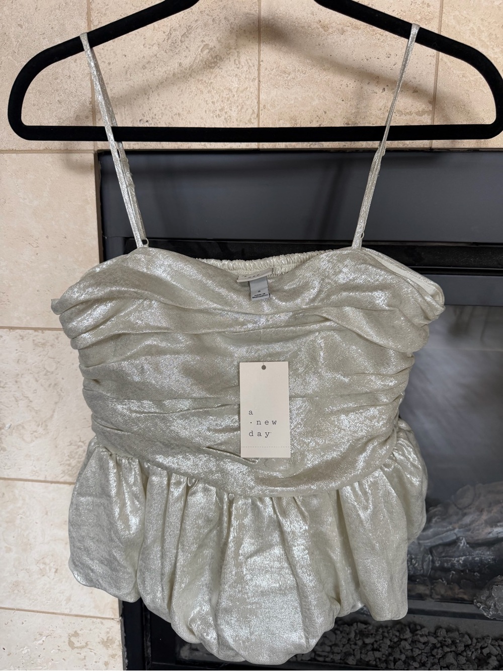 a new day Silver Shimmery Ruched Spaghetti-Strap Peplum Top